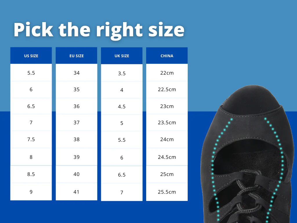 Tableau de tailles avec conversions US, EU, UK et Chine (cm) pour des chaussures de danse pour femmes