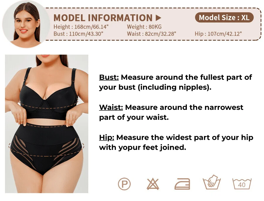 Shapewear measurement guide (bust, waist, hips) with model info