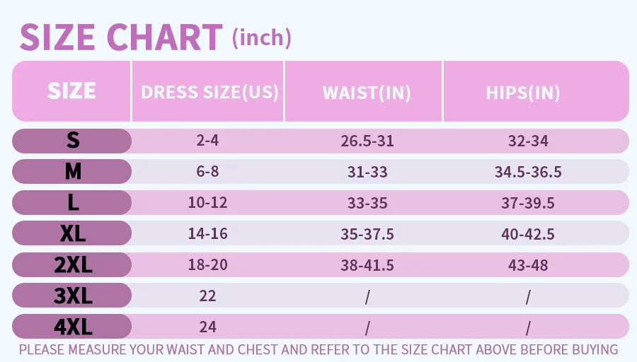 Tummy control shapewear size chart (US, waist and hips)
