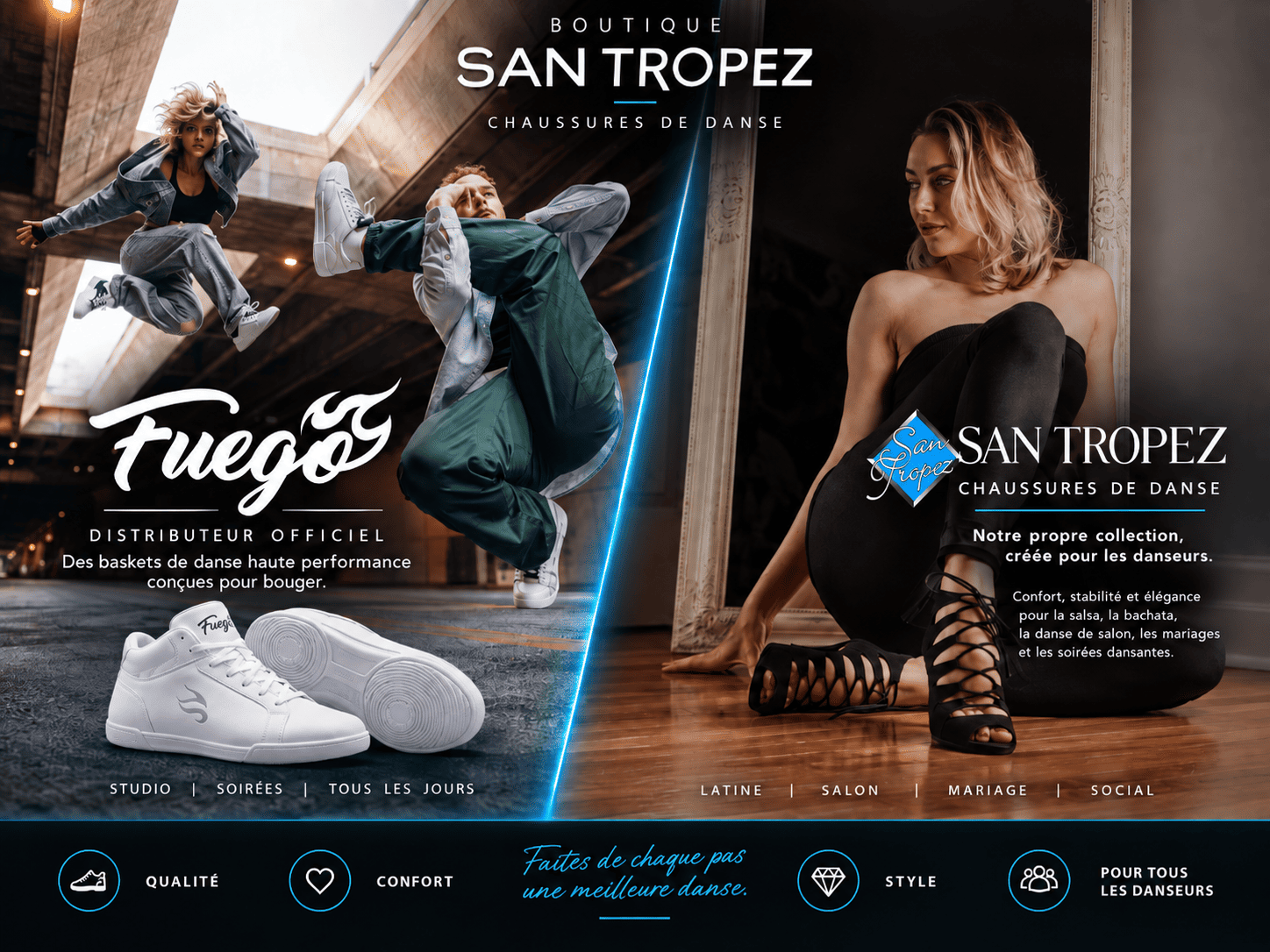 Boutique San Tropez avec chaussures de danse Fuego et chaussures de danse San Tropez